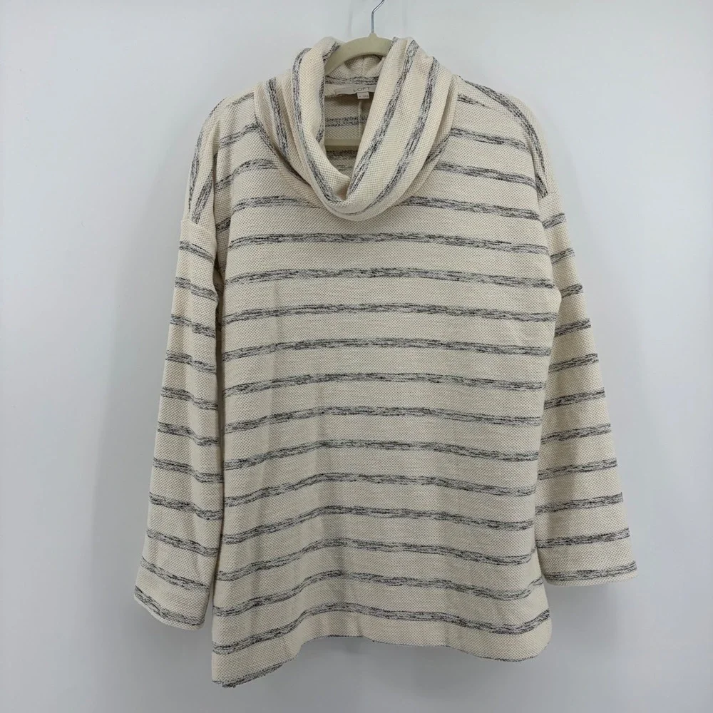 LOFT Women M‎ Sweater Cream Striped Cowl Neck Relaxed Fit Coastal Grandma Cozy